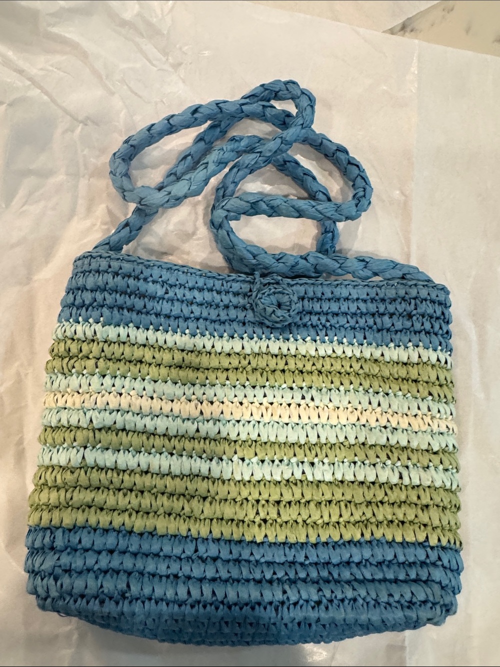 Liz Claiborne Woven Raffia Stripe Tote - Blue, Sage & Cream Shoulder Bag
